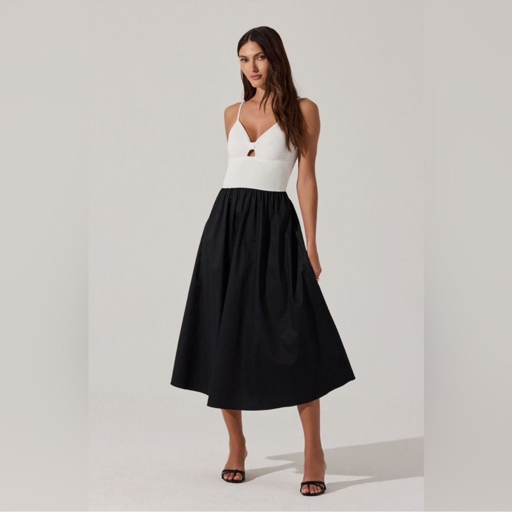 ASTR The Label White Black Contrast‎ Midi Dress M Mixed Media Cutout NWOT